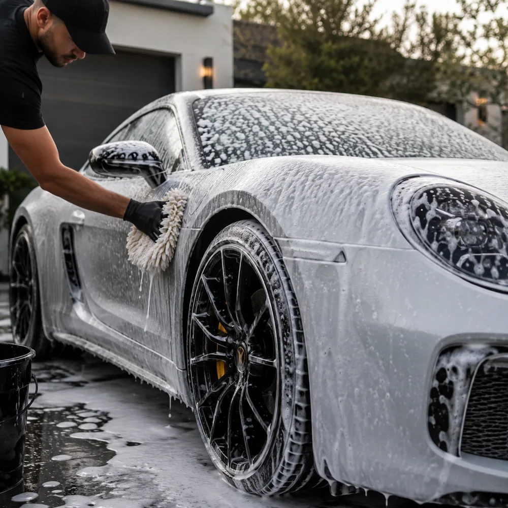 Lavaggio auto a mano con schiuma durante un servizio di detailing