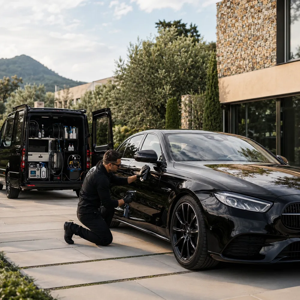 Servizio mobile di car detailing a domicilio con van e auto in lavorazione